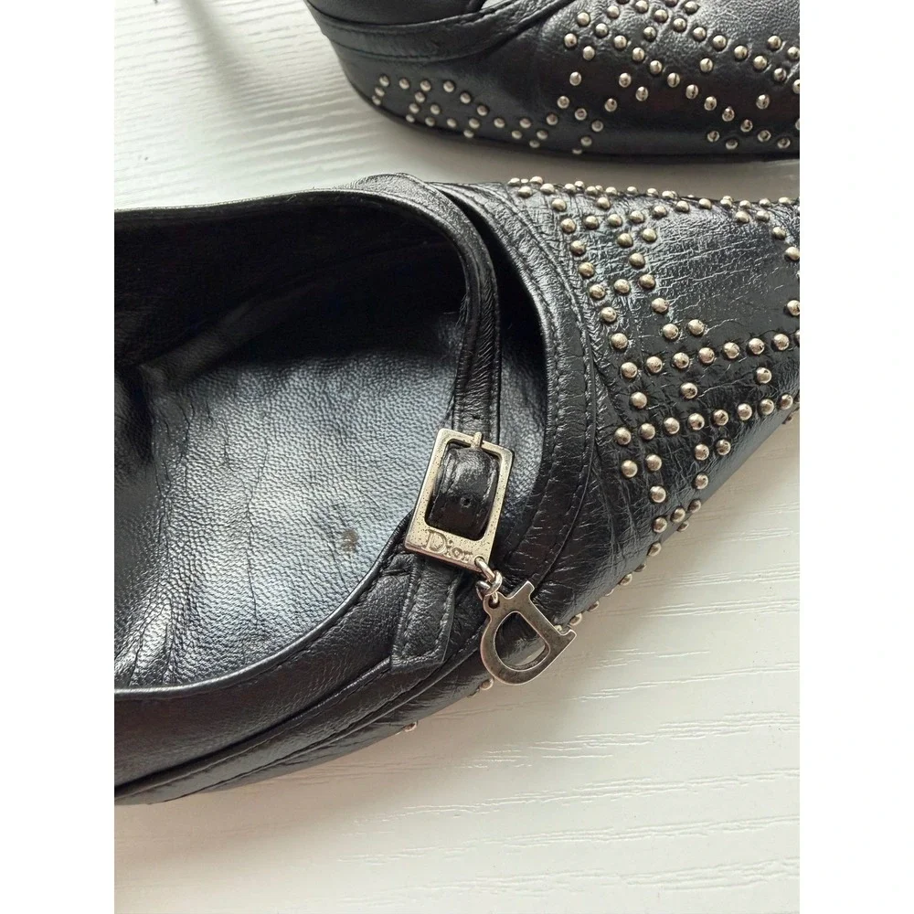 Christian Dior Black Leather Studded Pointed Toe Pumps Charm Heels Size 38